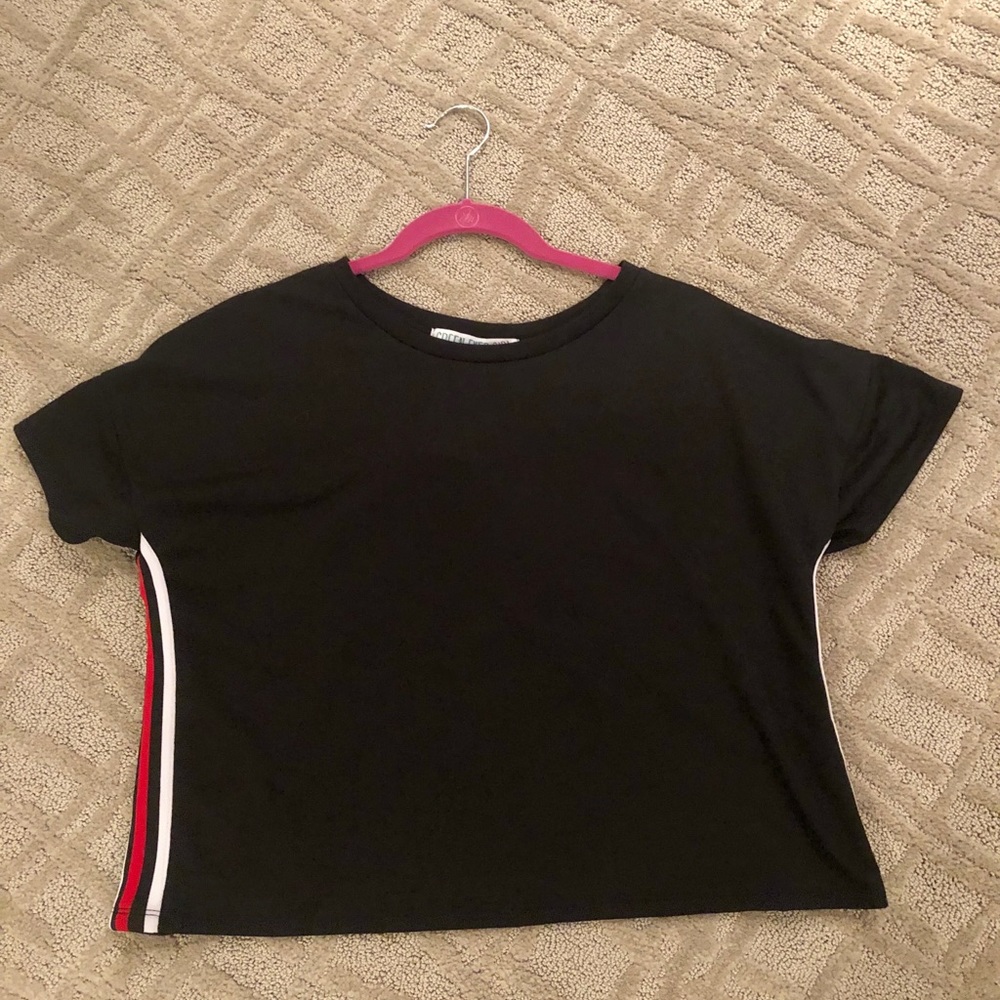 Black Cropped Tee with Red and White Side Stripe
